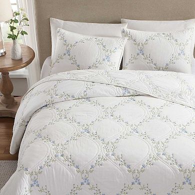 Laura Ashley Floral Embroidery Blue Quilt Set