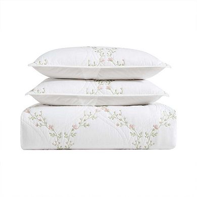 Laura Ashley Floral Embroidery Pink King Quilt Set