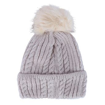 CTM Women's Knit Winter Beanie with Cuff and Faux Fur Pom