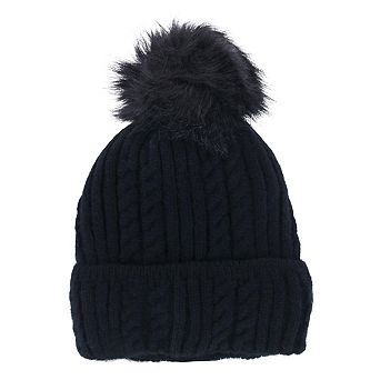 CTM Women's Knit Winter Beanie with Cuff and Faux Fur Pom