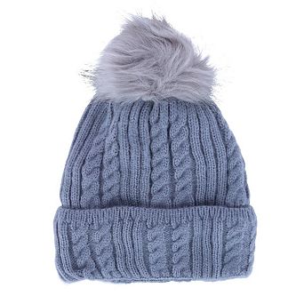 CTM Women's Knit Winter Beanie with Cuff and Faux Fur Pom