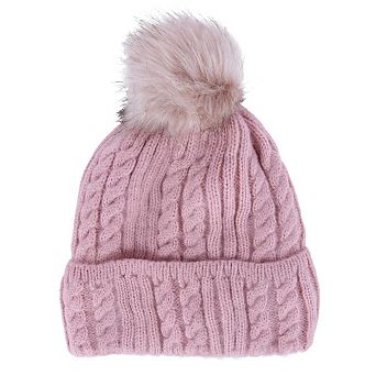 CTM Women's Knit Winter Beanie with Cuff and Faux Fur Pom