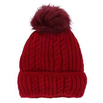 CTM Women's Knit Winter Beanie with Cuff and Faux Fur Pom