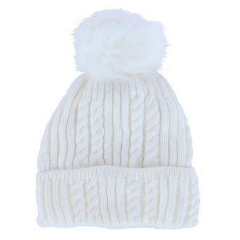 CTM Women's Knit Winter Beanie with Cuff and Faux Fur Pom