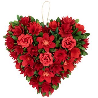 Northlight Mixed Floral with Wooden Flowers Artificial Valentine's Day Heart Wreath