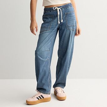 Juniors' SO® Mid Rise Pull-On Barrel Jeans