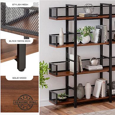 Sturdis 4 Tier Solid Wood Metal Industrial Bookshelf with Mesh Barriers, Black