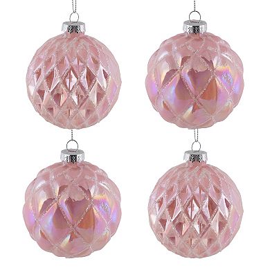 Northlight Pink Glittered Geometric Iridescent Glass Ball Christmas Ornaments 4-piece Set