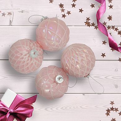 Northlight Pink Glittered Geometric Iridescent Glass Ball Christmas Ornaments 4-piece Set