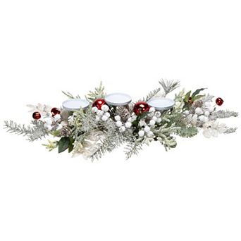 Northlight Frosted Artificial Winter Greenery & Jingle Bells Christmas Pillar Candle Holder