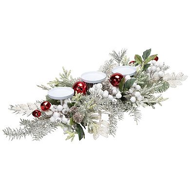 Northlight Frosted Artificial Winter Greenery & Jingle Bells Christmas Pillar Candle Holder
