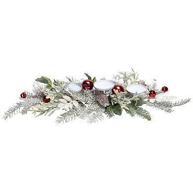 Northlight Frosted Artificial Winter Greenery & Jingle Bells Christmas Pillar Candle Holder