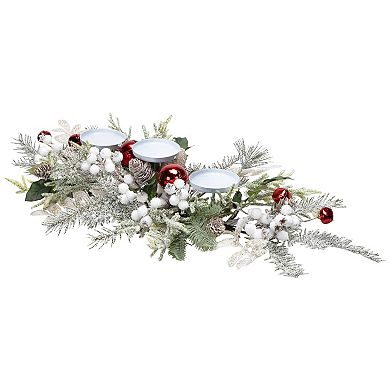 Northlight Frosted Artificial Winter Greenery & Jingle Bells Christmas Pillar Candle Holder