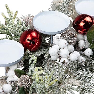 Northlight Frosted Artificial Winter Greenery & Jingle Bells Christmas Pillar Candle Holder