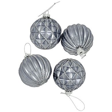 Northlight Silver Geometric Glittered Shiny Glass Ball Christmas Ornaments 4-piece Set