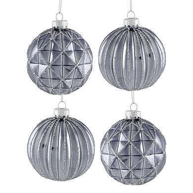 Northlight Silver Geometric Glittered Shiny Glass Ball Christmas Ornaments 4-piece Set