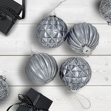 Northlight Silver Geometric Glittered Shiny Glass Ball Christmas Ornaments 4-piece Set