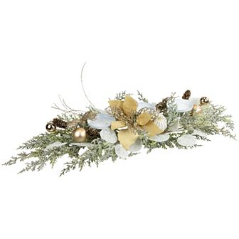 Northlight Glittered Artificial Poinsettia & Ornaments Christmas Pillar Candle Holder