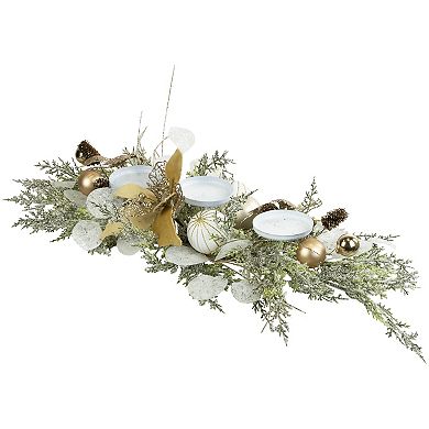 Northlight Glittered Artificial Poinsettia & Ornaments Christmas Pillar Candle Holder