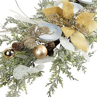 Northlight Glittered Artificial Poinsettia & Ornaments Christmas Pillar Candle Holder