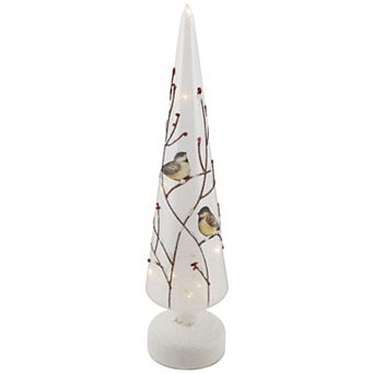 Northlight LED Lighted Birds on Branches Frosted Glass Cone Christmas Decoration