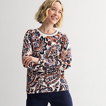 Petite Croft & Barrow® Printed Crewneck Pullover Sweater