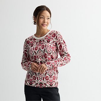 Petite Croft & Barrow® Printed Crewneck Pullover Sweater