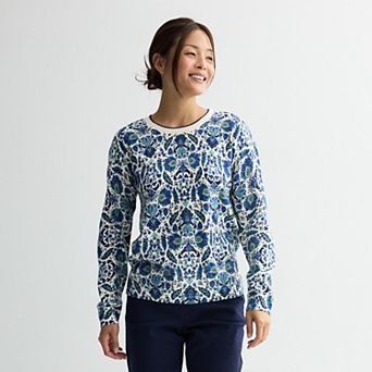 Petite Croft & Barrow® Printed Crewneck Pullover Sweater
