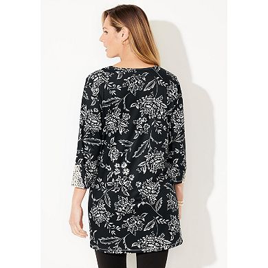 Catherines Women's Plus Size Black Applique Trimmed Tunic