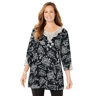 Catherines Women's Plus Size Black Applique Trimmed Tunic