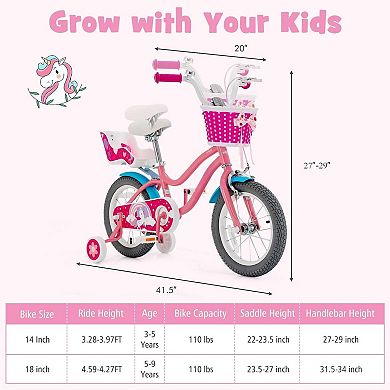 Kids Bike with Training Wheels Basket and Doll Seat for Ages 3 to 9