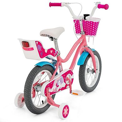 Kids Bike with Training Wheels Basket and Doll Seat for Ages 3 to 9