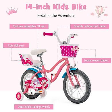 Kids Bike with Training Wheels Basket and Doll Seat for Ages 3 to 9