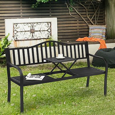 Patio Garden Bench Steel Frame With Adjustable Center Table
