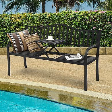 Patio Garden Bench Steel Frame With Adjustable Center Table