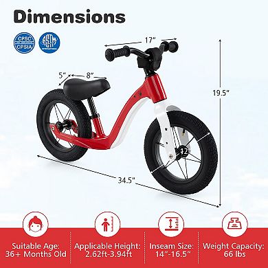 12-inch Balance Bike With Adjustable Seat And Rotatable Handlebar For Over 36 Months Old