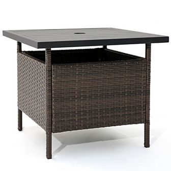Patio Square Wicker Side Table With Umbrella Hole For Yard Garden Poolside