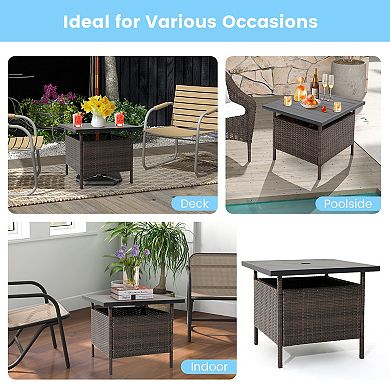 Patio Square Wicker Side Table With Umbrella Hole For Yard Garden Poolside