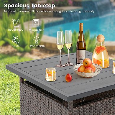Patio Square Wicker Side Table With Umbrella Hole For Yard Garden Poolside
