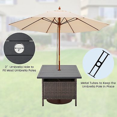 Patio Square Wicker Side Table With Umbrella Hole For Yard Garden Poolside