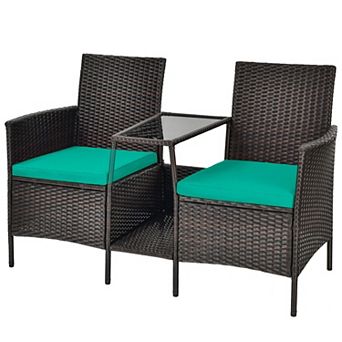 Rattan Patio Conversation Set Cushioned With Glass Table