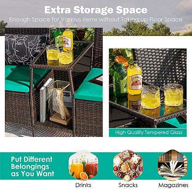 Rattan Patio Conversation Set Cushioned With Glass Table