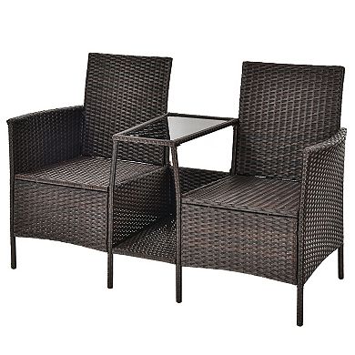 Rattan Patio Conversation Set Cushioned With Glass Table