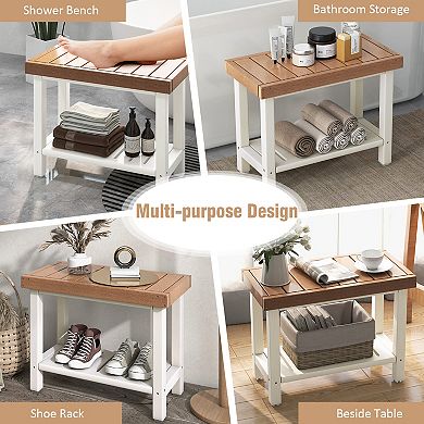 2-tier Hdpe Shower Chair With Storage Shelf And Anti-slip Foot Pads - Brown