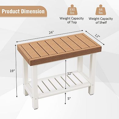 2-tier Hdpe Shower Chair With Storage Shelf And Anti-slip Foot Pads - Brown