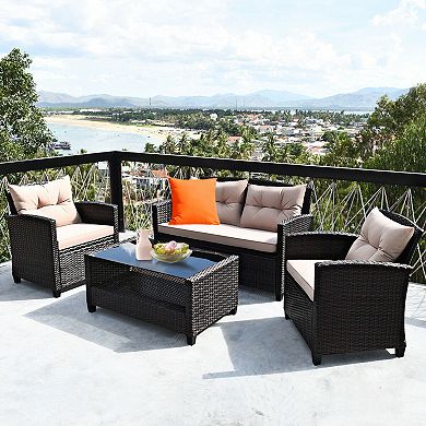 4 Pieces Patio Rattan Conversation Furniture Set With Glass Top Coffee Table