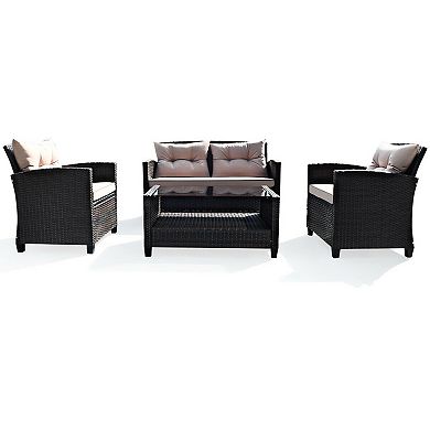4 Pieces Patio Rattan Conversation Furniture Set With Glass Top Coffee Table