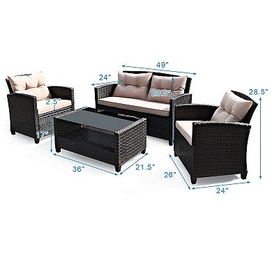 4 Pieces Patio Rattan Conversation Furniture Set With Glass Top Coffee Table
