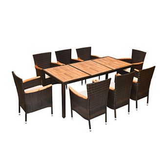 9 pc Rattan Dining Set With Acacia Wood Table And Stackable Cushioned Chairs