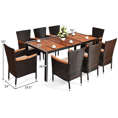 9 Pieces Rattan Dining Set With Acacia Wood Table And Stackable Cushioned Chairs